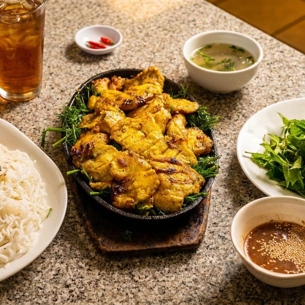 Vietnamese-style grilled turmeric chicken served with rice noodles, herbs, dipping sauce, soup, and iced tea on a restaurant table.