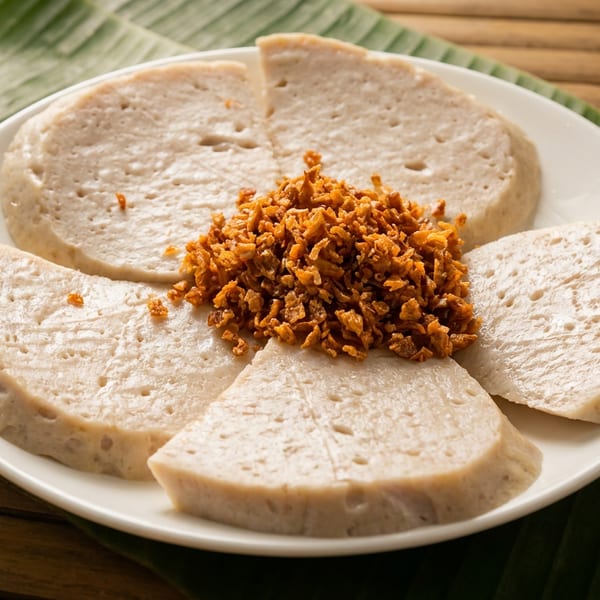 Plate of white steamed rice cakes arranged around crispy fried onions on a banana leaf-lined table.